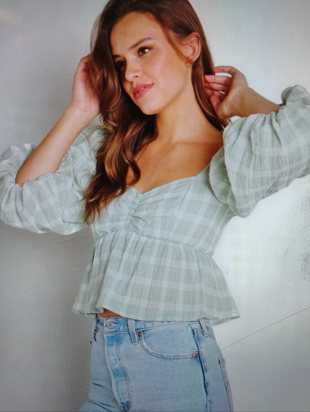 Show Me Your MuMu Angelique Sage Green Plaid Cropped Puffy Sleeve Top S